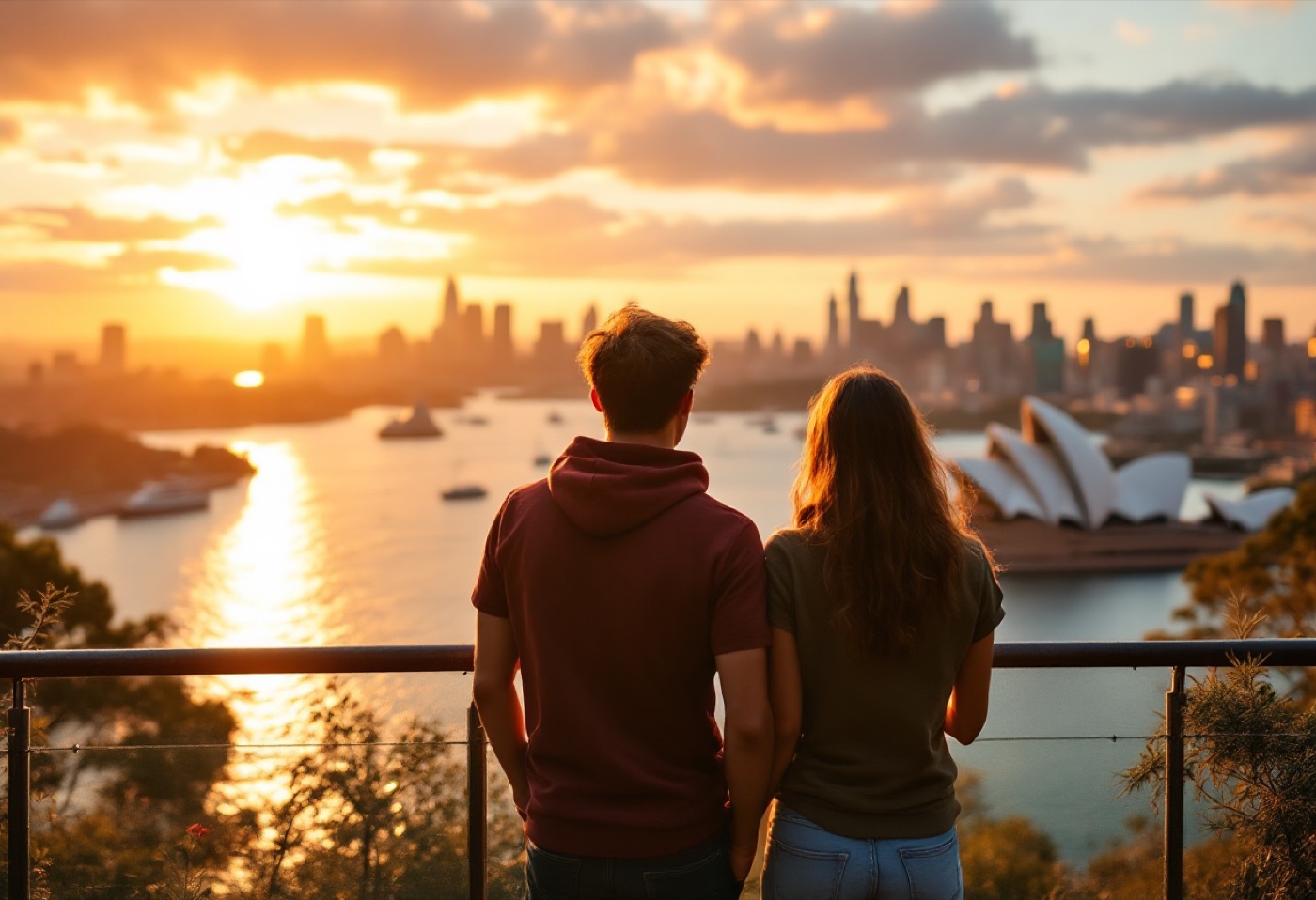 A couple looking out over the Sydney skyline at sunset